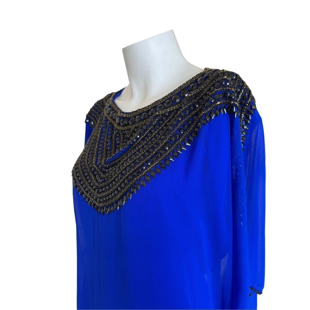 Royal blue women’s Islamic Kaftan black beaded embroidery wide long sleeve osfm - Picture 5 of 9
